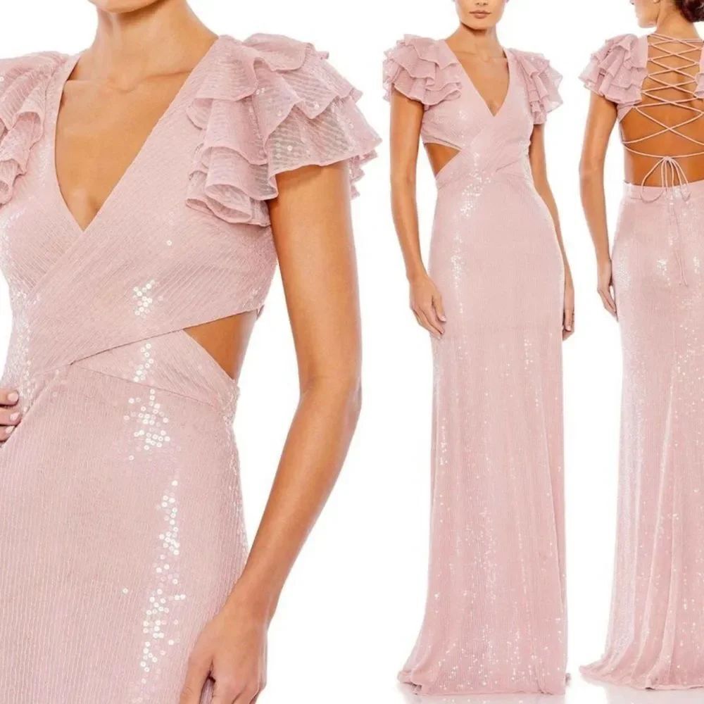 NWOT Mac Duggal 10829 SEQUINED RUFFLED CUT OUT LACE UP GOWN Pink Size 4